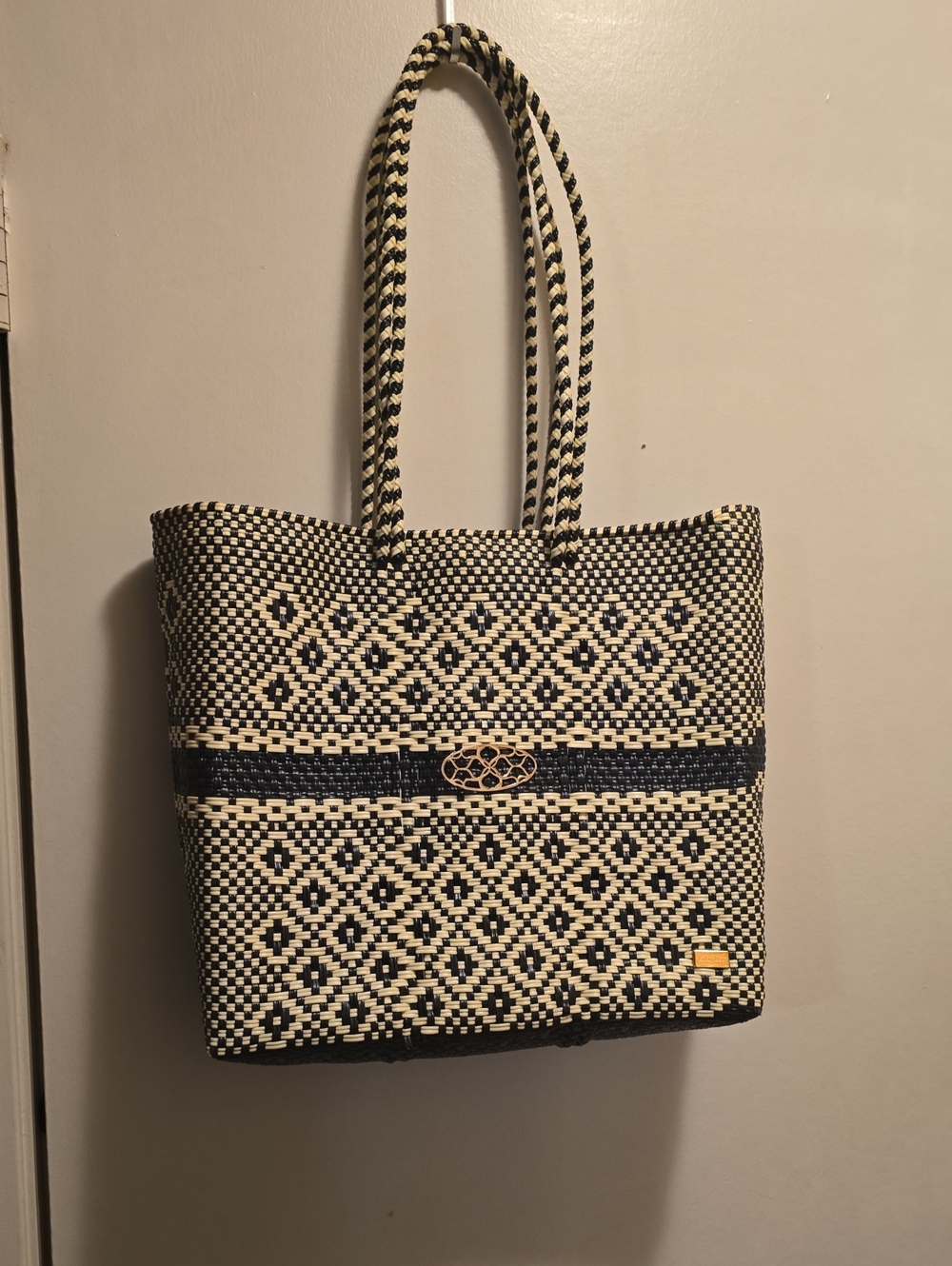 Woven Black and Cream Patterned Tote Bag